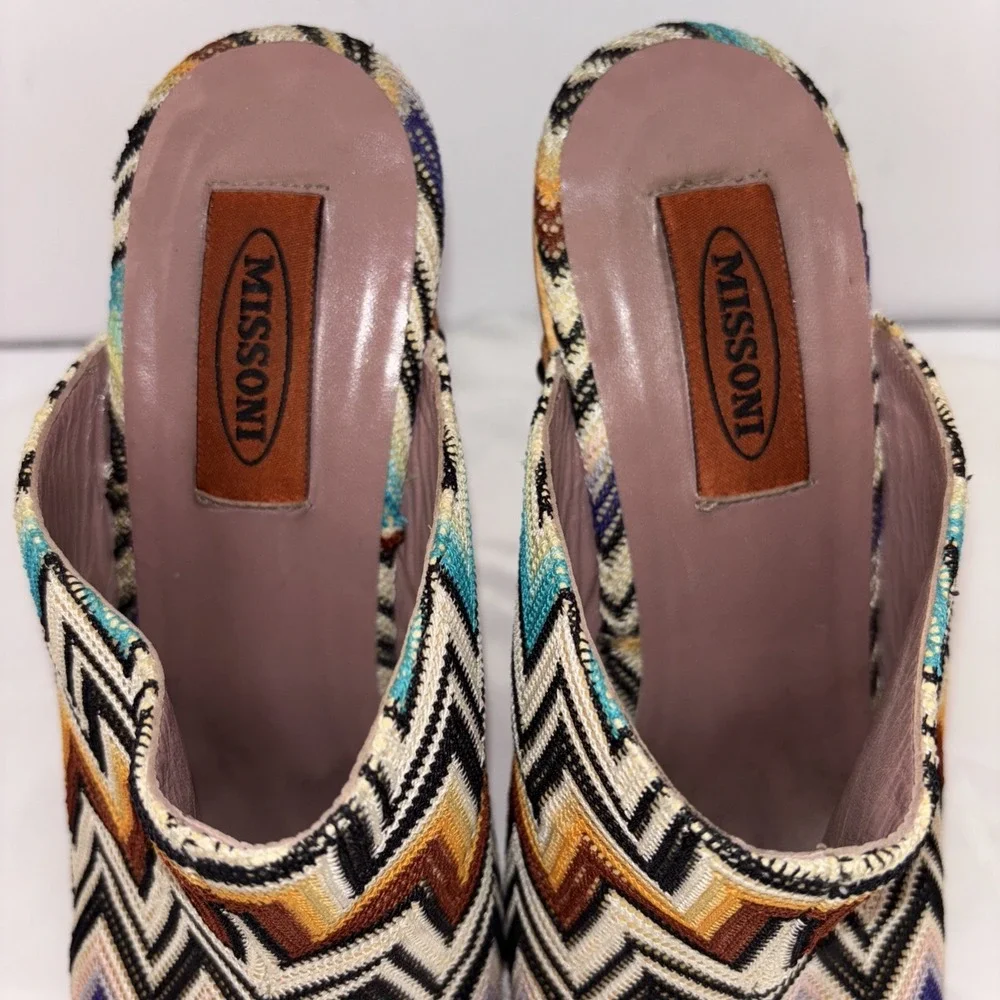 Missoni Multicolor Chevron Knit Fabric Wood Platform PEEP TOE Clogs Size 38 Rare